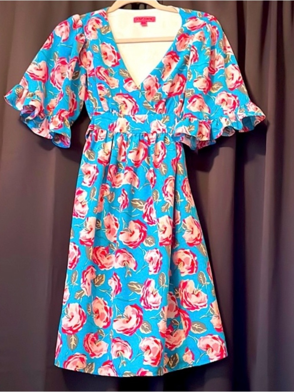 Betsey Jonson Women Rose Bell Sleeve Wrapped Dress Blue Multi Size 8